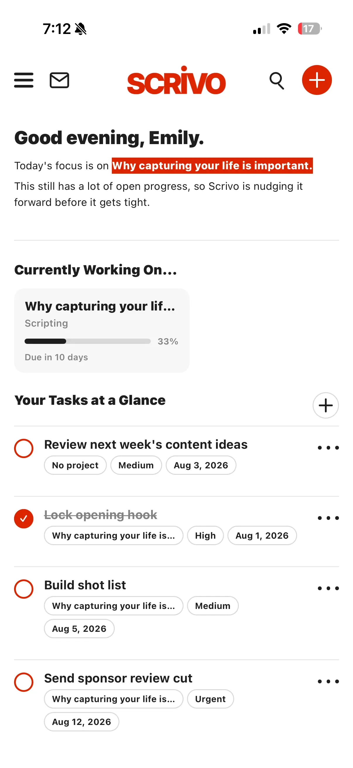 Scrivo mobile app screen